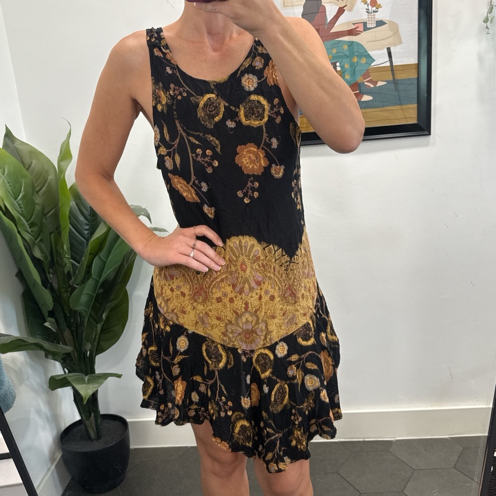Free People Black and Gold Floral Mini Dress